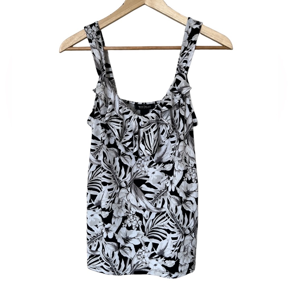 White House Black Market Floral Leaves Black and White Thin Strap Tank Top Small